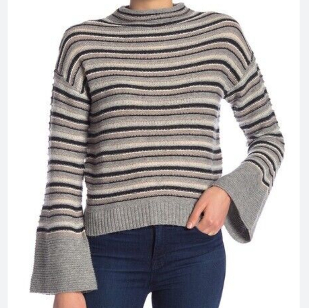 Splendid Striped Gray Black White Tan Cropped Wool Blend‎ Sweater Size Small